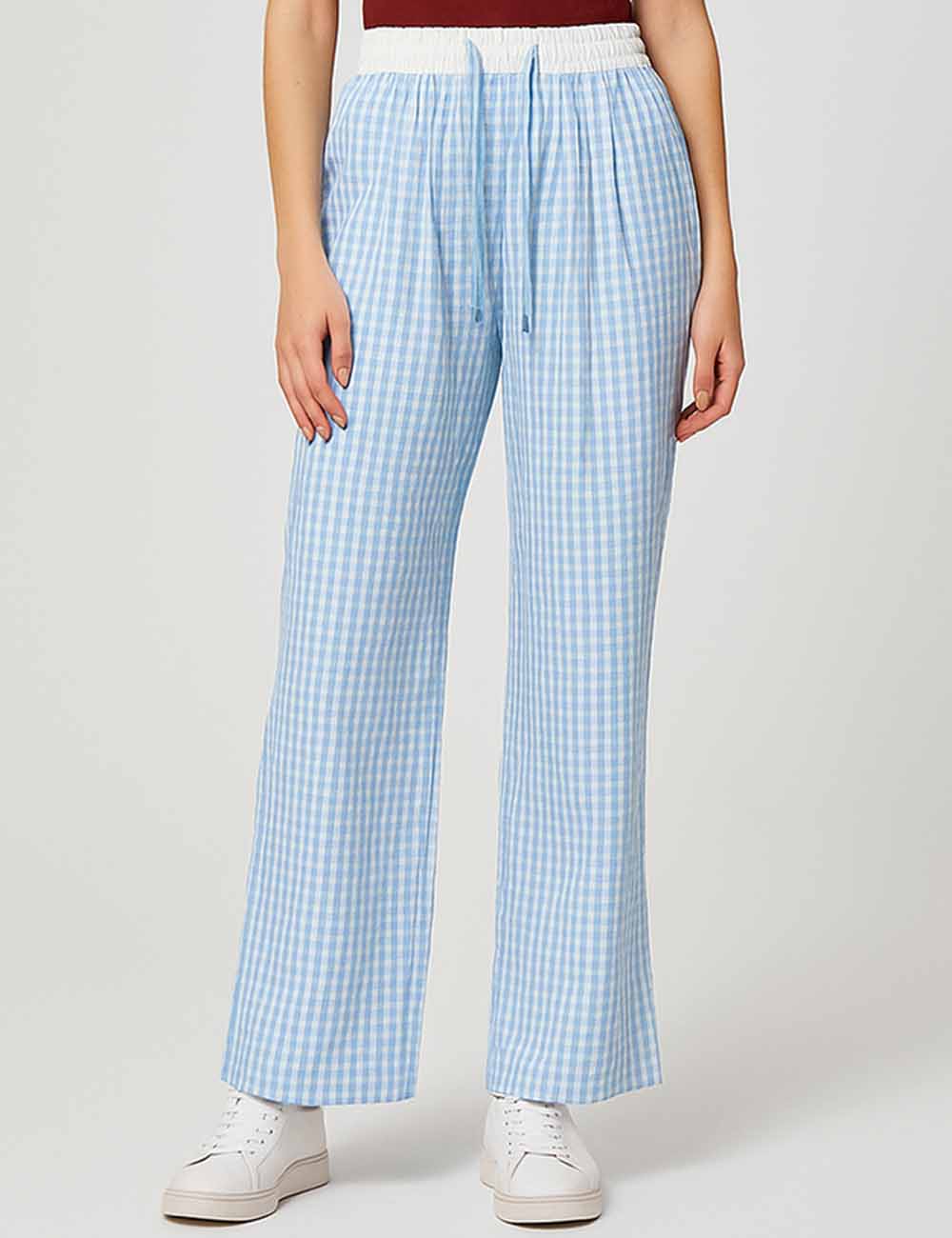 Ladies Color Block Checked String Tie Wide Leg Pants