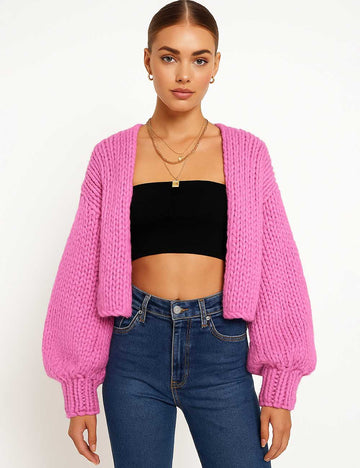 Ladies Open Front Puffly Sleeves Cropped Chunky Cardigan