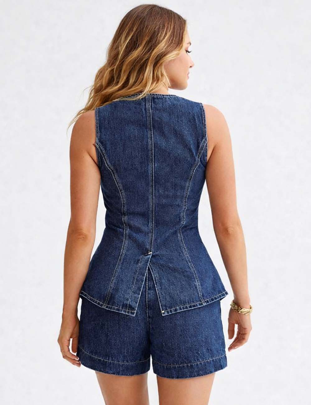 Ladies Denim Sleeveless Tank Top and Shorts Sets 16881