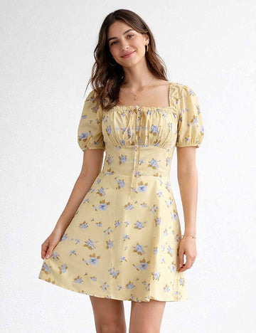 Ladies Floral Print Square Neck Drawstring Short Sleeves Mini Dress