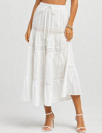 Ladies Elastic Waist Eyelet Lace Panel Tiered Maxi Skirt