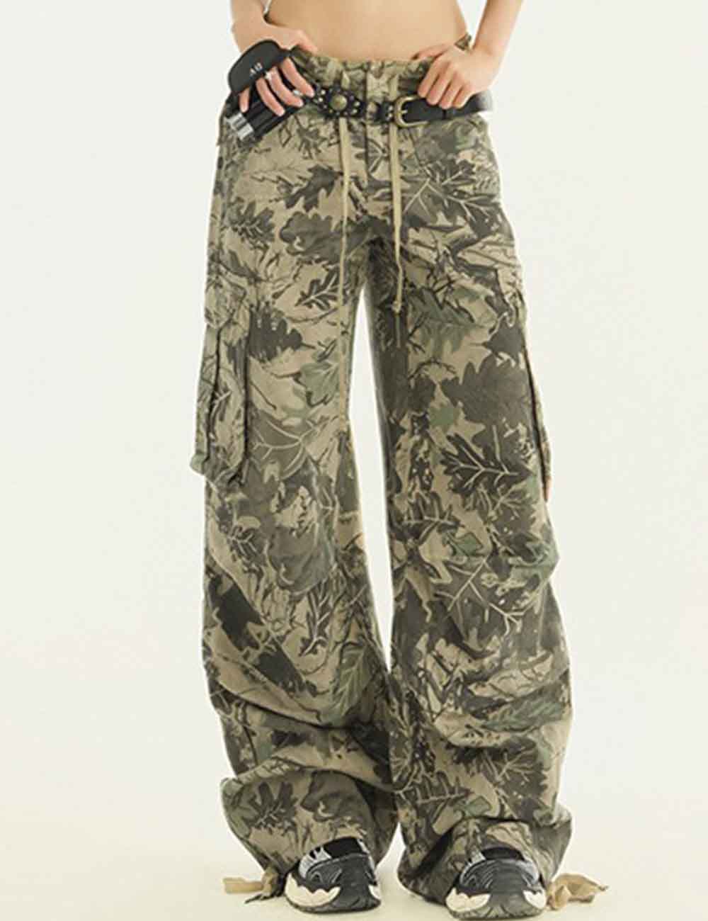 Ladies Camouflage Print Button Drawstring Cargo Denim Pants