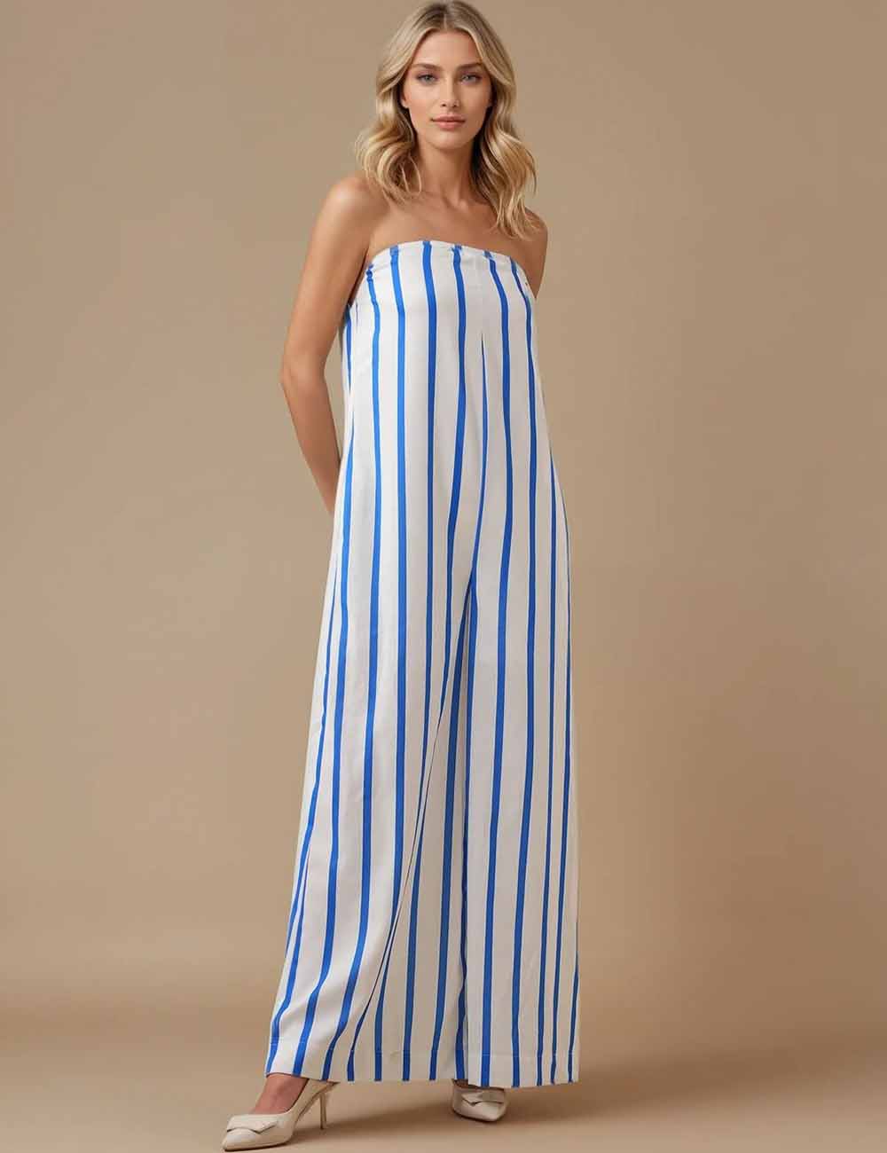 Ladies Color Block Striped Strapless Sleeveless Wide Leg Jumpsuit