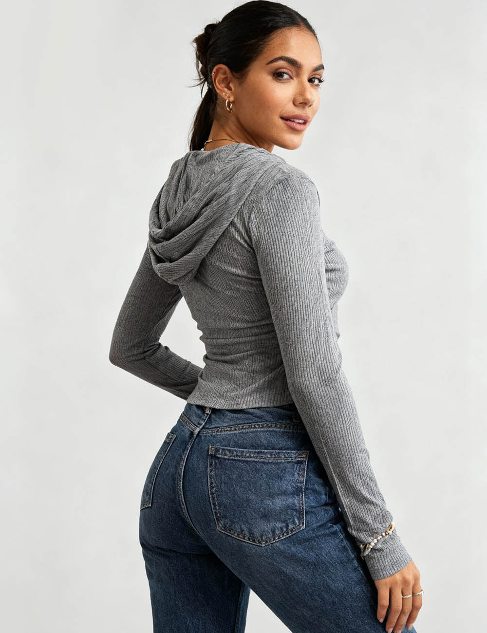 Ladies Solid Color Zip-Up Hoodie Rib Knit Sweatshirt Top