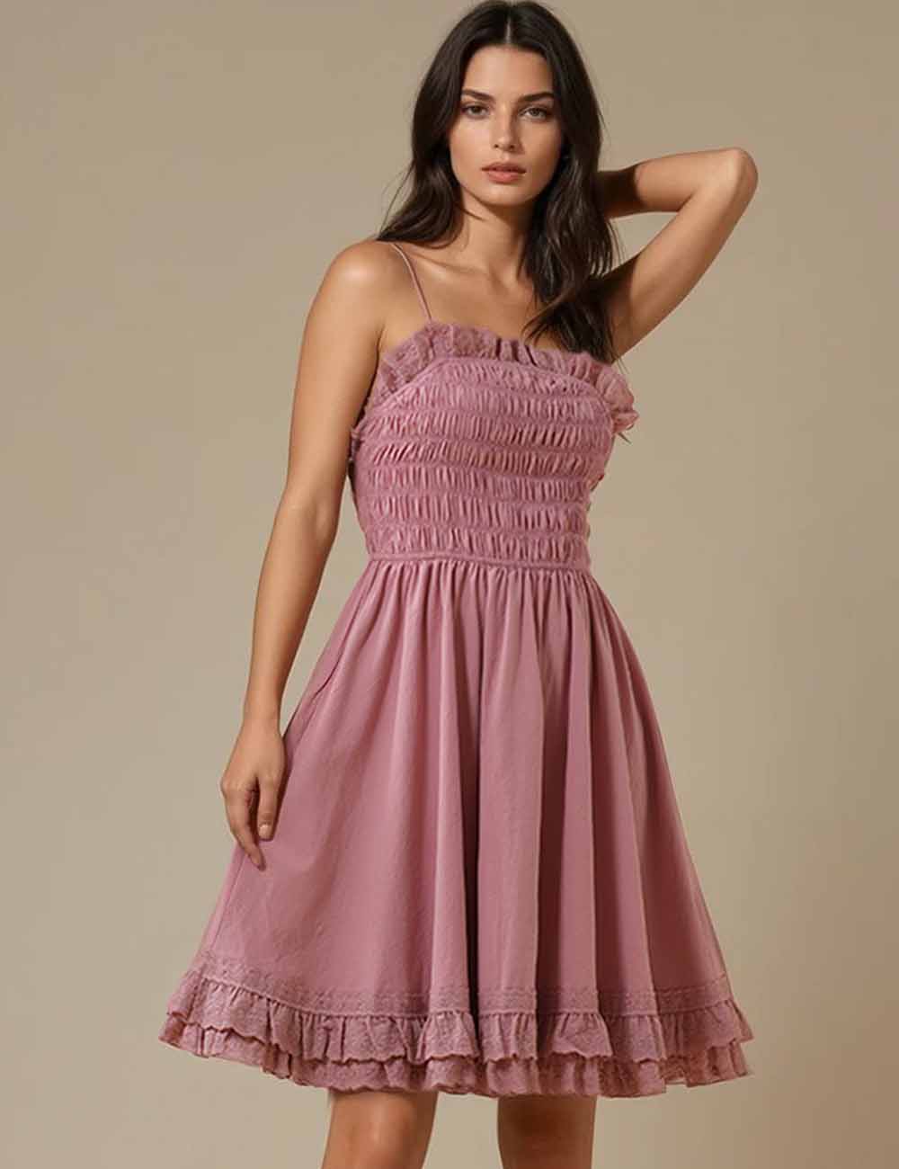 Ladies Solid Color Sleeveless String Shoulder Ruffle Mini Dress