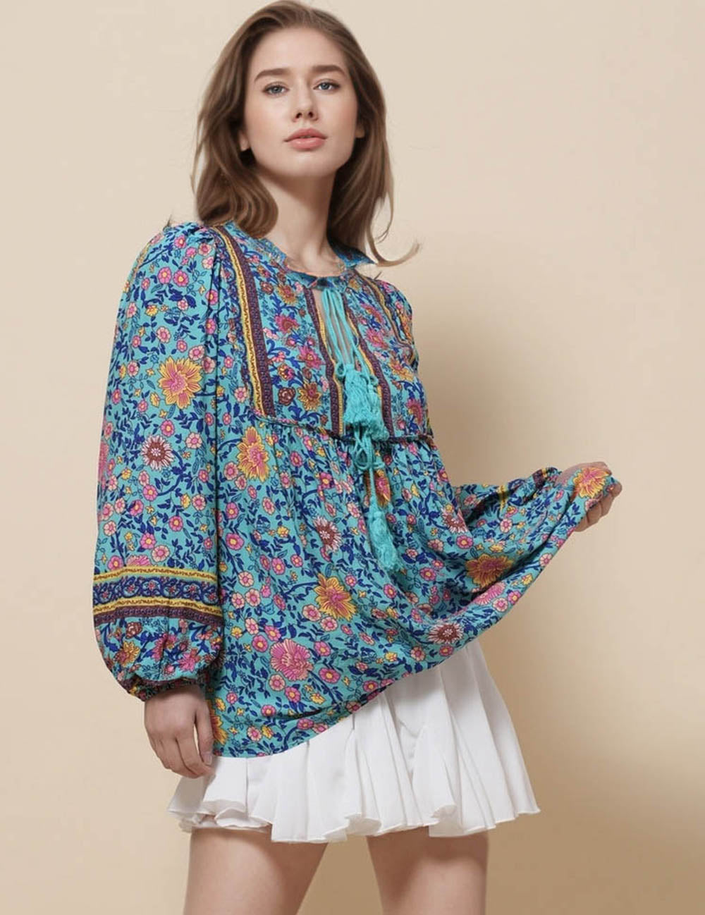 Ladies V-Neck Long Sleeves Floral Print Blouse SKT51165