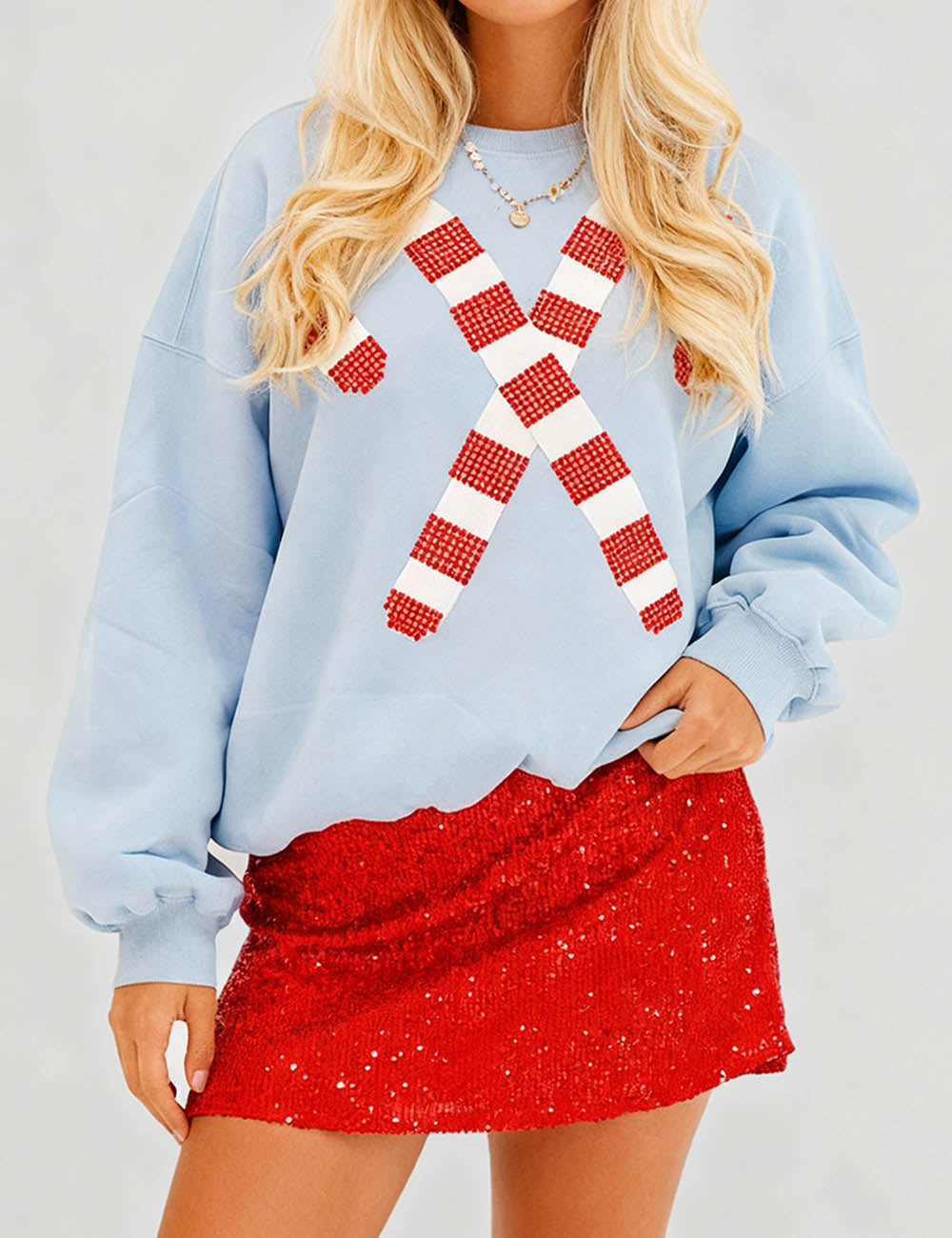Ladies Christmas 2025 Candy Cane Sequin Pullover Sweatshirt