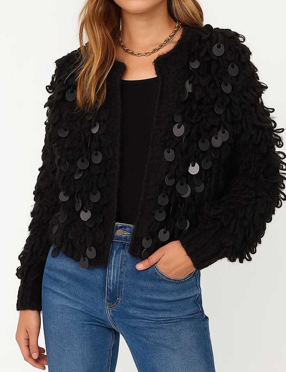 Ladies Crochet Sequin Front Open Faxu Mohair Fur Fluffy Cardigan