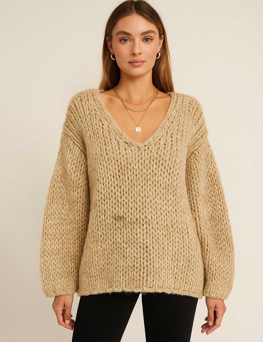 Ladies Basic V-Neck Dropped Shoulder Sleeves Knit Sweater