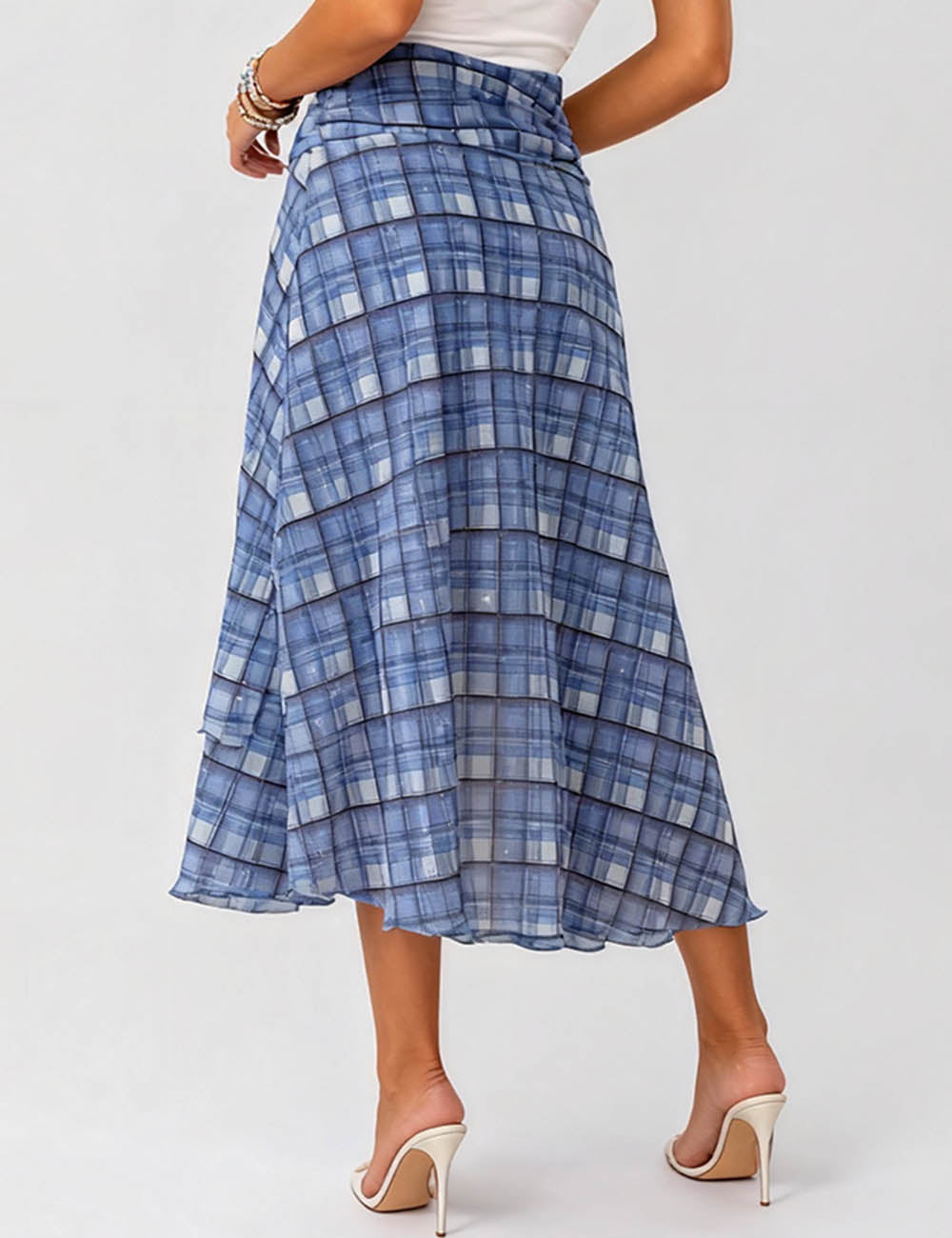 Ladies Checked Pattern Ruched Mesh Sheer Midi Skirt