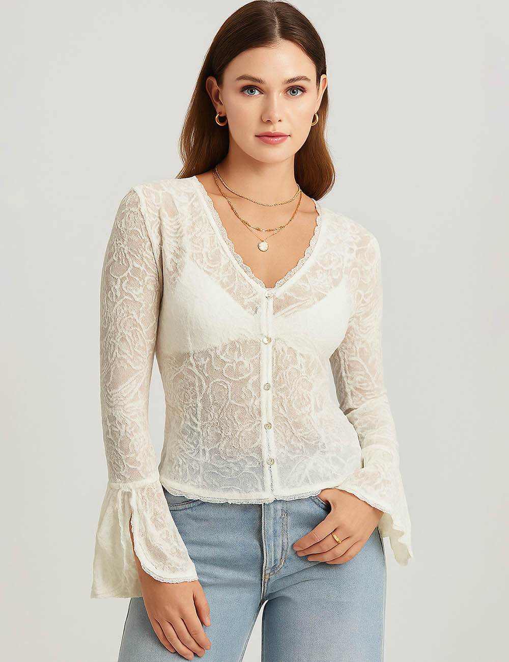 Ladies Floral Pattern See Sheer V-Neck Flared Sleeves Top