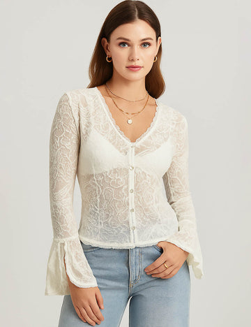 Ladies Floral Pattern See Sheer V-Neck Flared Sleeves Top