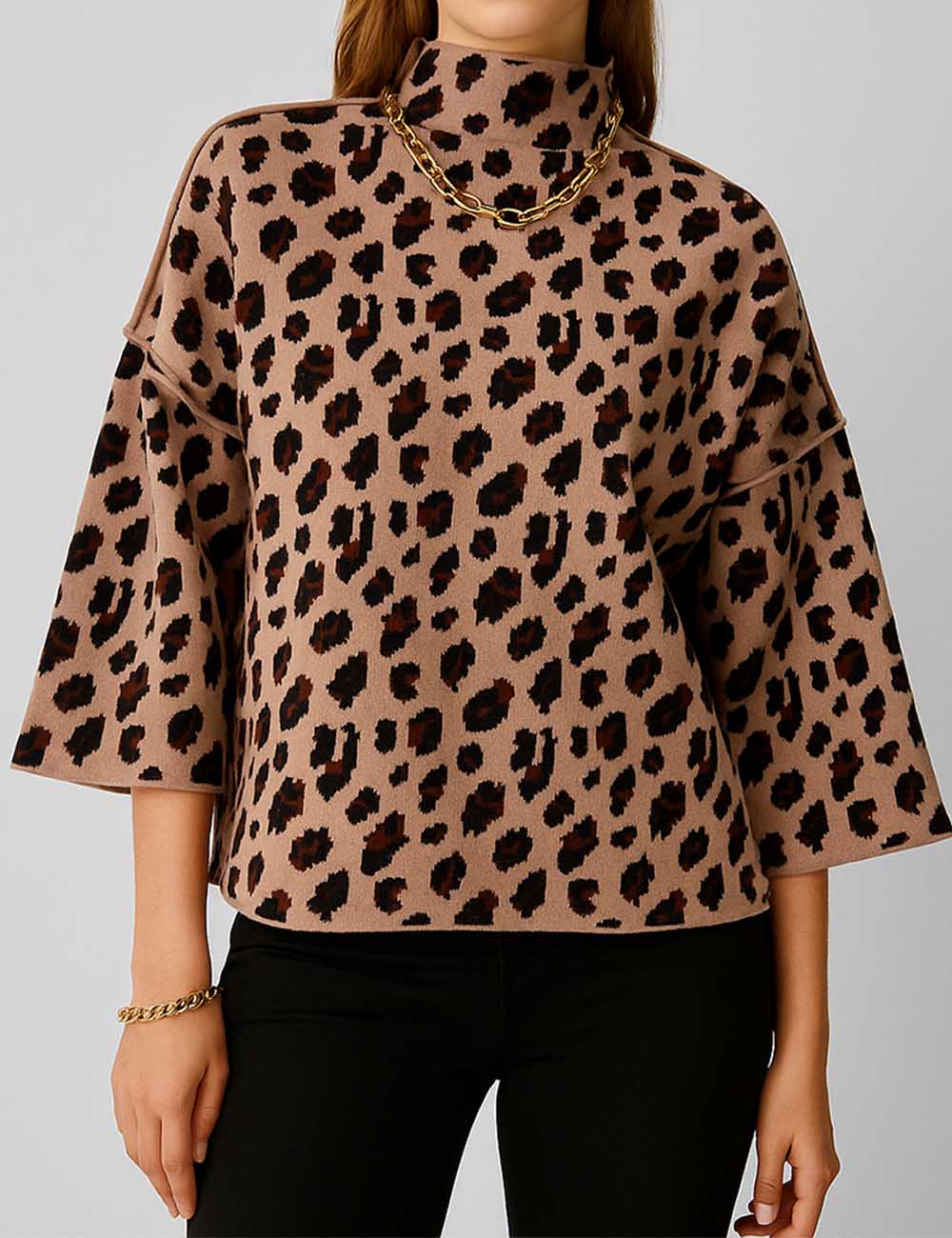 Ladies Leopard Print Mock Neck Wide Sleeves Knit Sweater