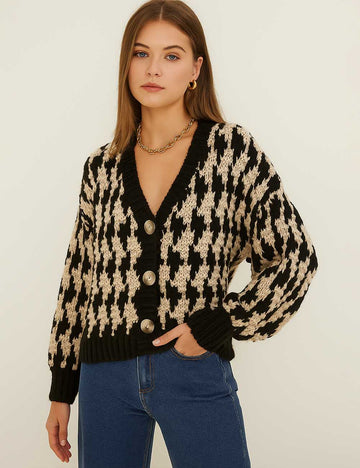 Ladies Houndstooth Pattern V-Neck Button Front Knit Cardigan