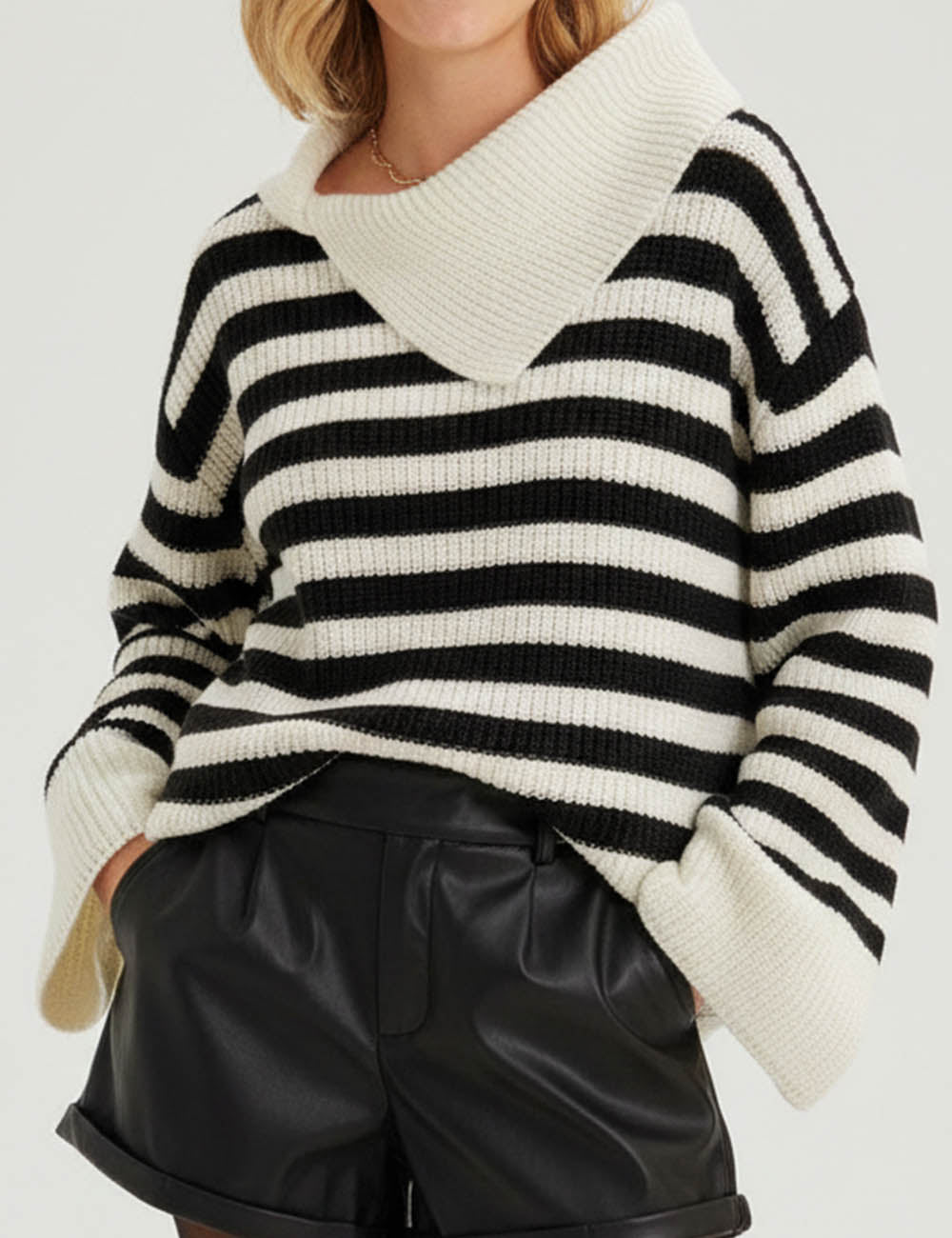 Ladies Striped Knit Irregular Lapel Flared Sleeves Pullover Sweater