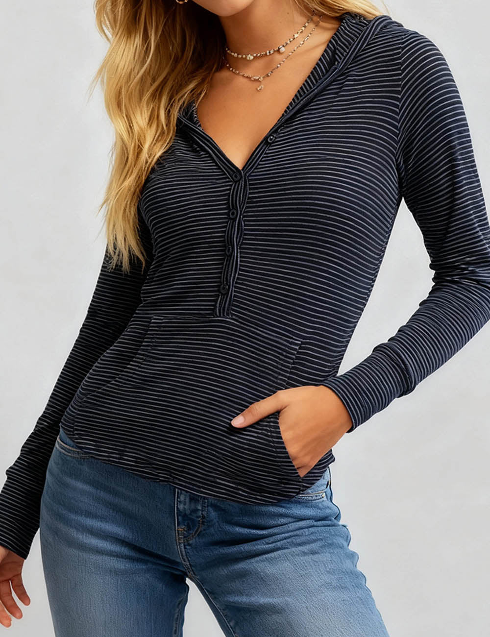 Ladies Striped Button Front Long Sleeves Hooded Top