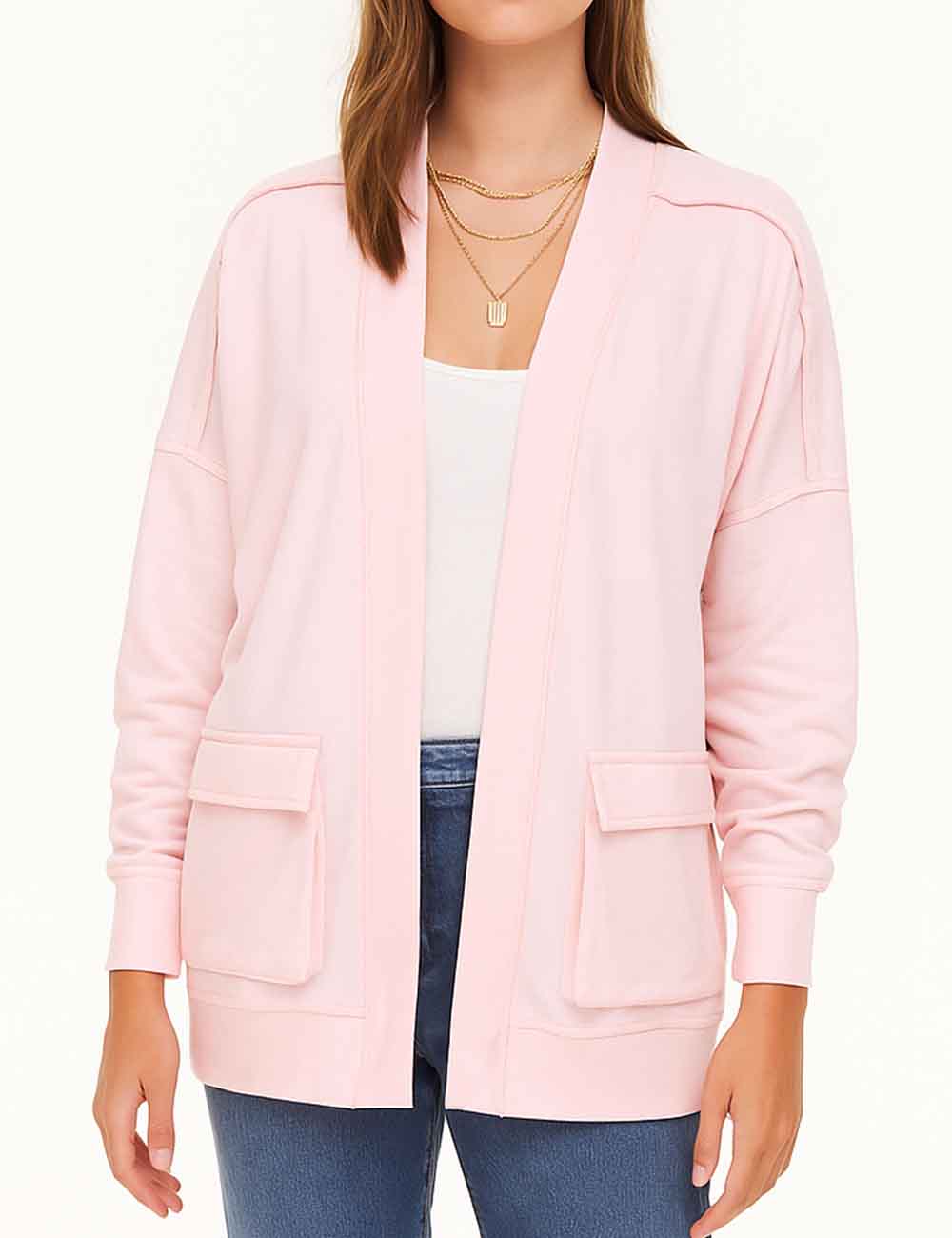 Ladies Solid Color Front Open Flap Pocket Sweatshirt