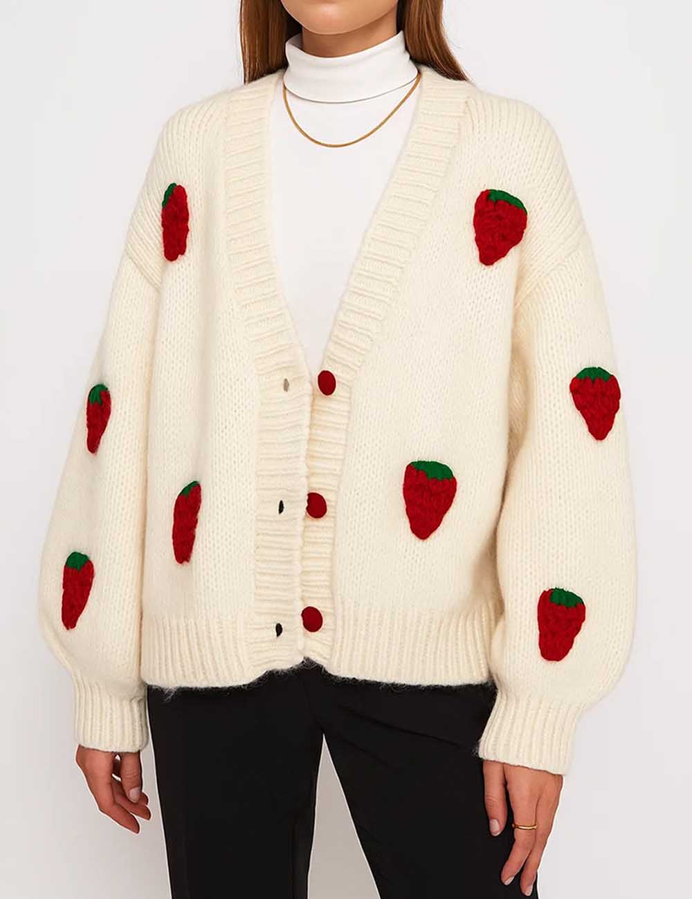 Ladies V-Neck 3D Strawberry Button Up Knit Cardigan