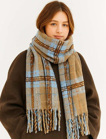 Ladies Christmas Plaid Fringe Oblong Knit Scarf
