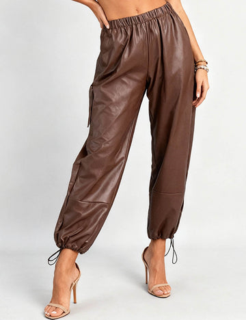 Ladies Elastic Waist Pocket Drawstring Hem Leather Pants