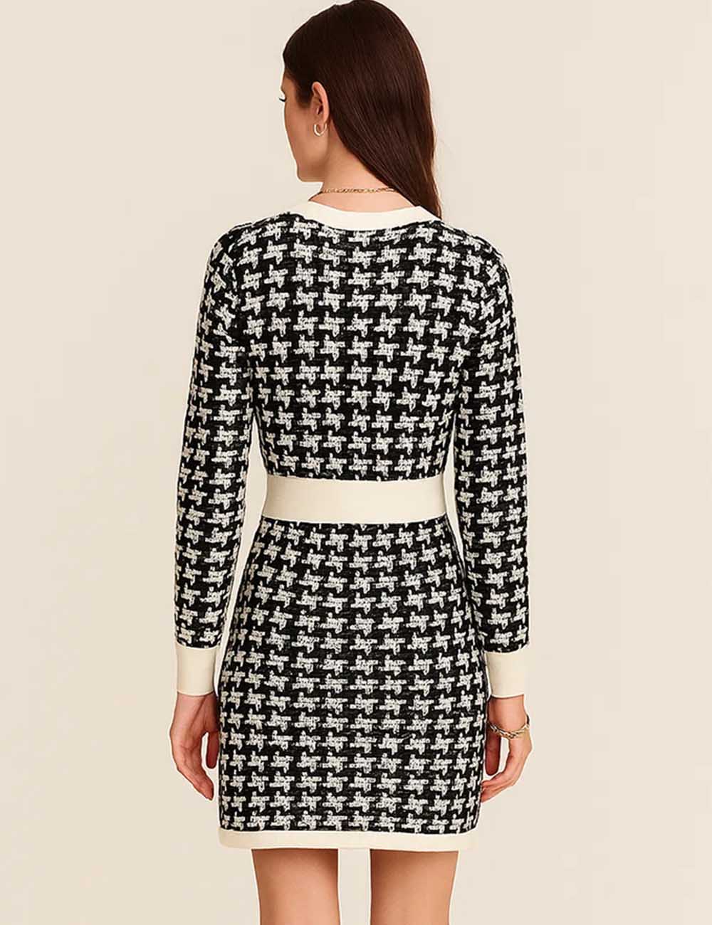 Ladies Round Neck Houndstooth Long Sleeves Knit Midi Dress