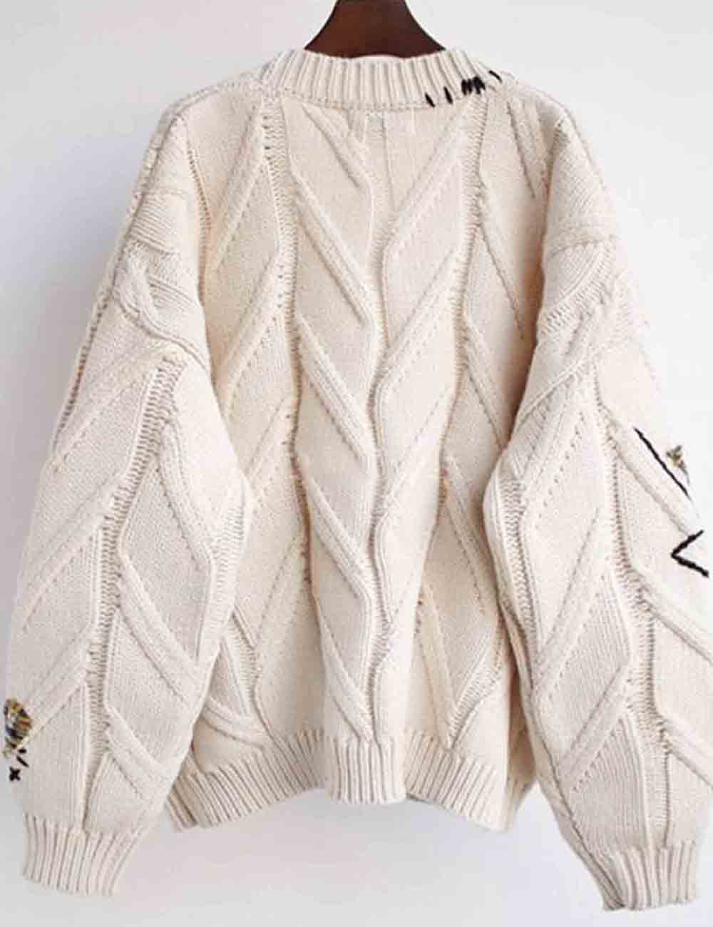 Ladies V-Neck Embroidery Sweater Button Long Sleeves Cable Knit Cardigan