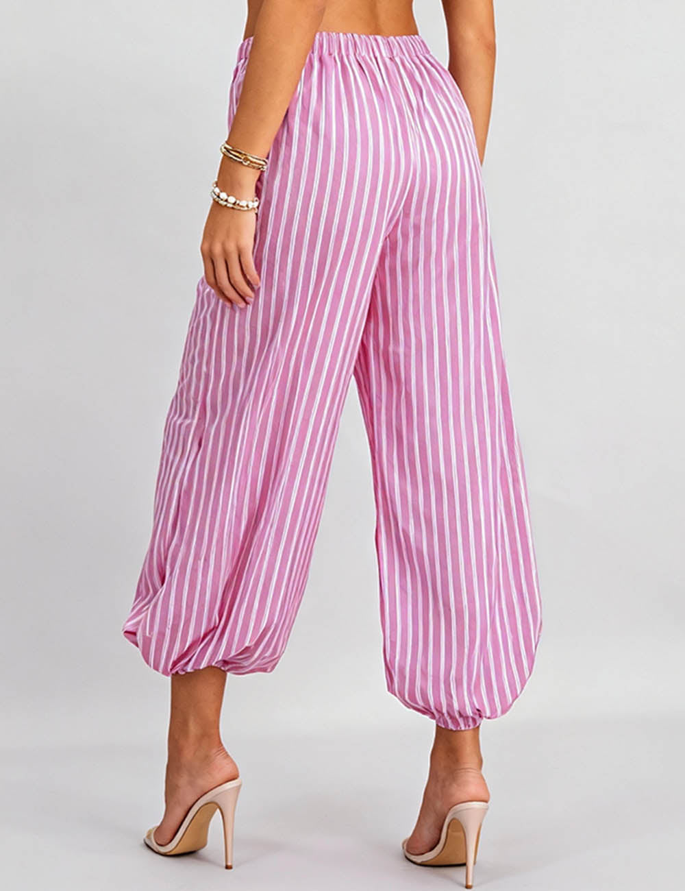 Ladies Striped Drawstring Cinched Hem Balloon Pants