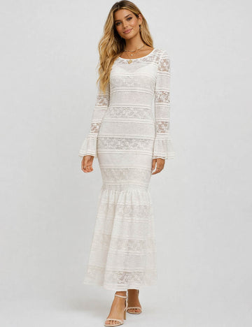 Ladies Lace Round Neck Flared Sleeves Bodycon Maxi Dress