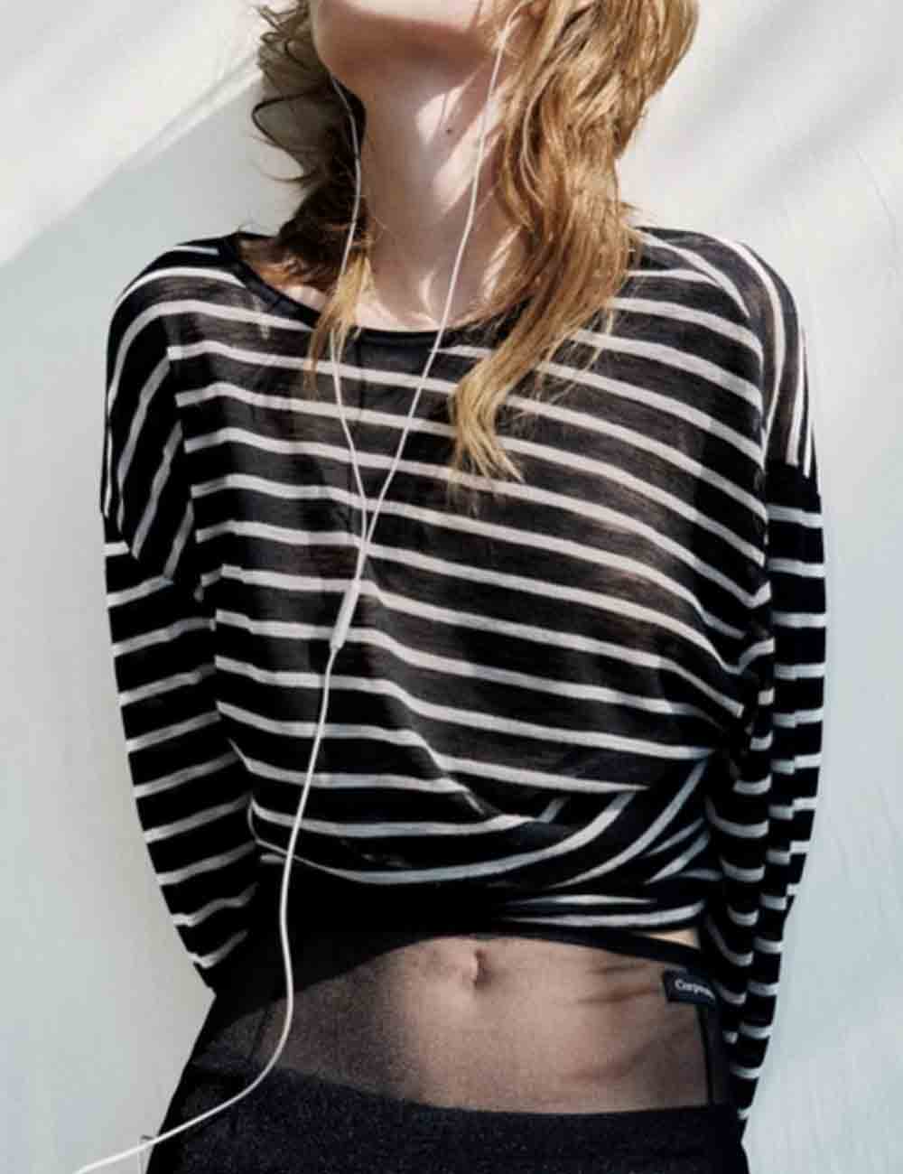 Ladies Color Block Striped Knit Long Sleeves Blouse