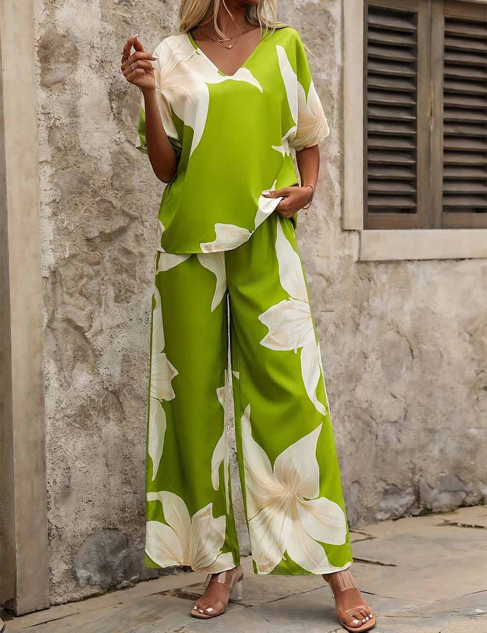 Ladies Color Block Floral Print Short Sleeves Top & Pants Set 