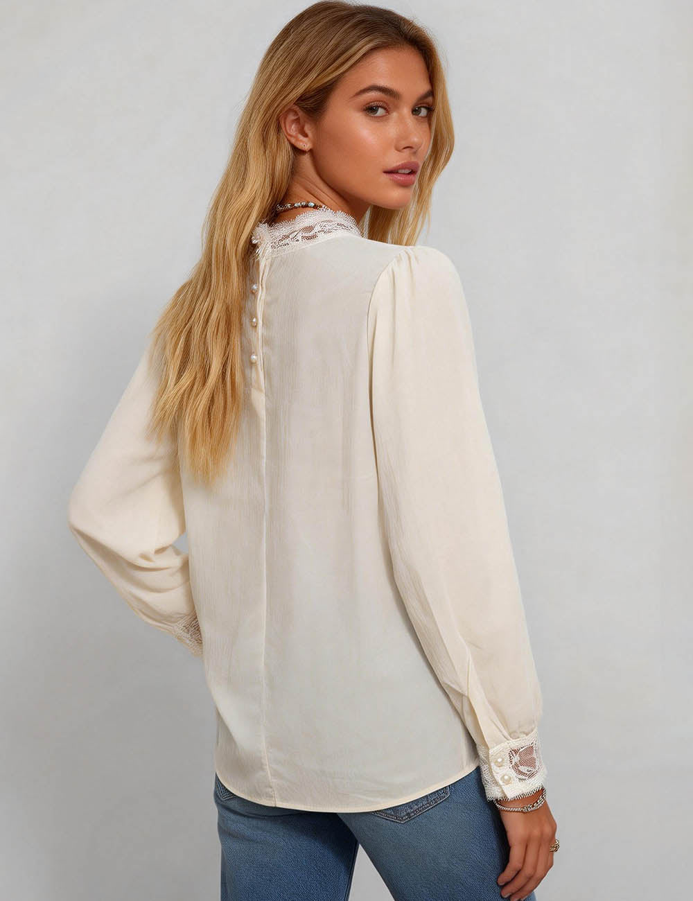 Ladies Sheer Lace Panel  Stand Collar Long Sleeves Blouse