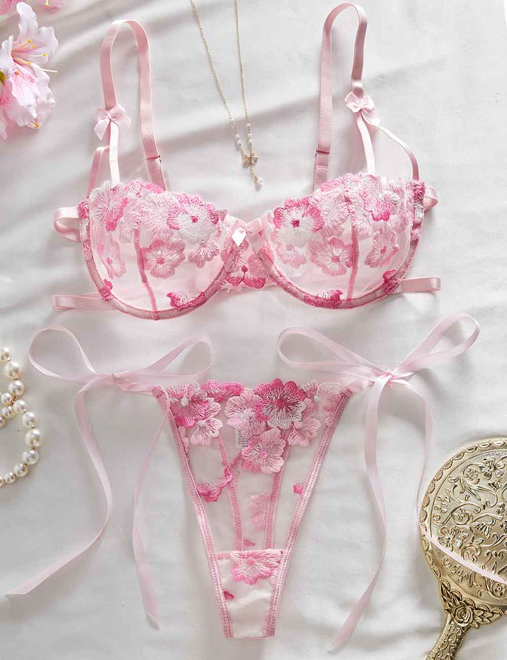Ladies Floral Embroidery Side Tie Bra Thong Lingerie Set