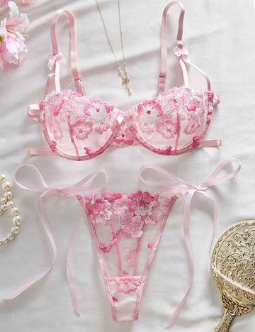 Ladies Floral Embroidery Side Tie Bra Thong Lingerie Set