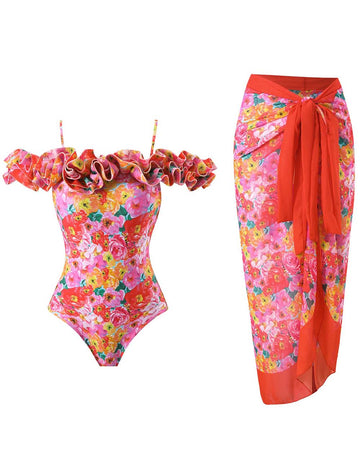 Ladies Off-Shoulder Floral Print One Piece Swimwear with Salong