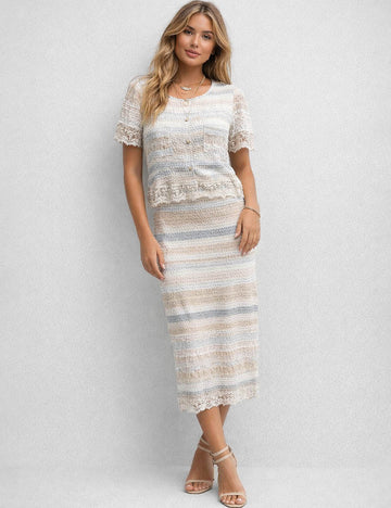 Ladies Lace Trim Striped Hollow Out Knit Top & Midi Skirt Set