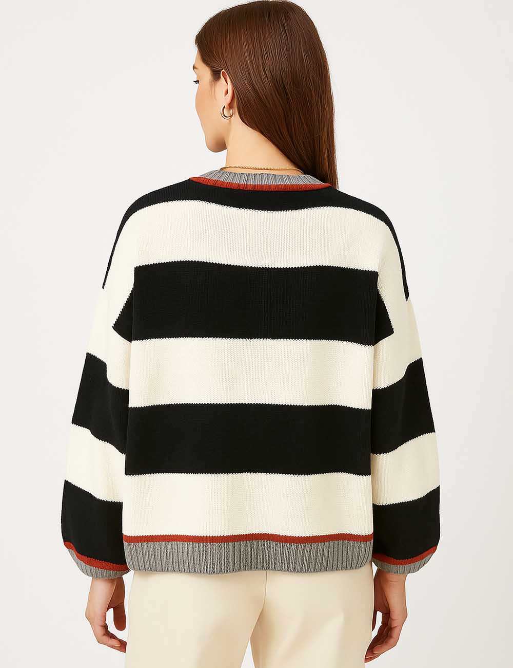 Ladies Colorful Striped Round Neck Long Sleeves Knit Sweater