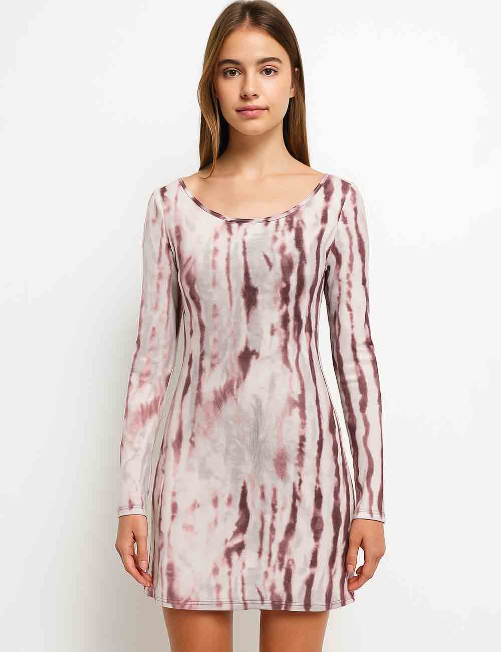 Ladies Abstract Print Round Neck Scoop Back Mesh Mini Dress