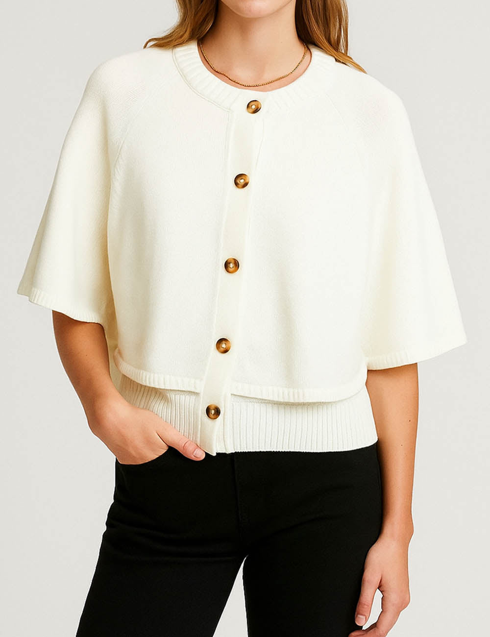 Ladies Knit Round Neck Cape Button Front Shawl Top