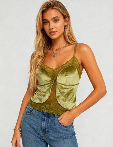 Ladies Eleglant Velet V-Neck Lace Trim Cami Top