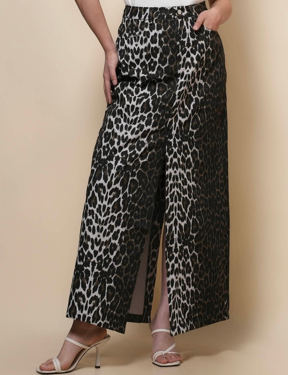 Ladies Leopard Split Denim Midi Skirt SKS50103