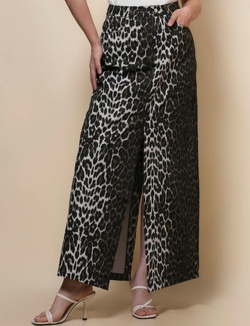 Ladies Leopard Split Denim Midi Skirt SKS50103