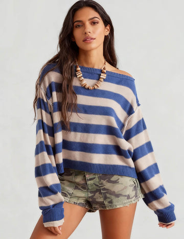 Ladies Striped Knit Round Neck Long Sleeves Knit Sweater