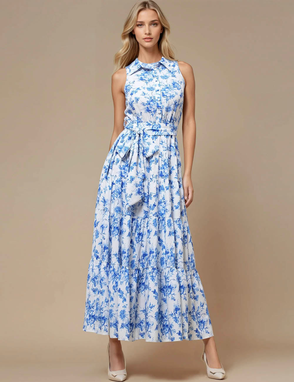 Ladies Turn Down Collar Sleeveless Floral Print Midi Dress JD5004