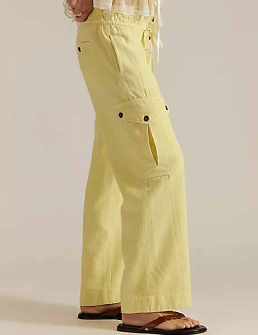 Ladies Solid Color Elastic Waist Drawstring Pocket Pants