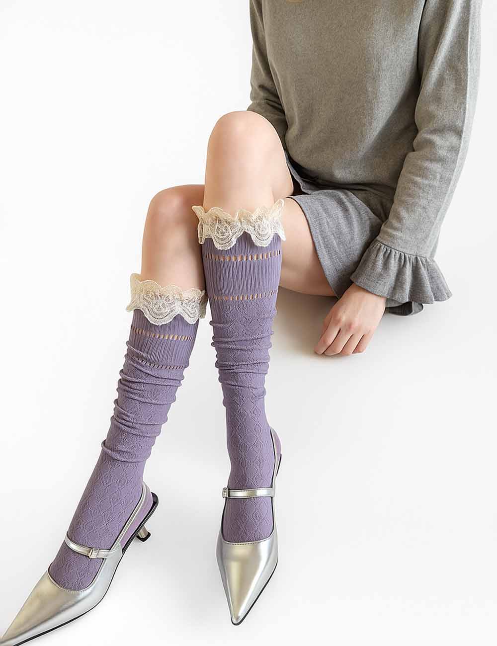 Ladies Vintage Lace Trim Knit Knee High Slouch Socks