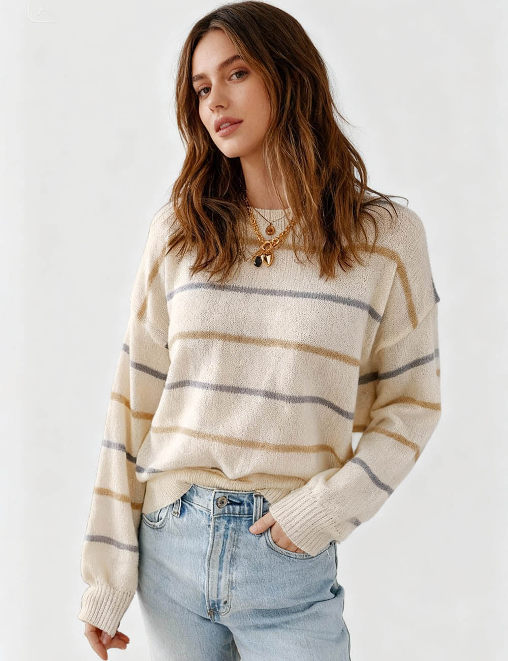 Ladies Colorful Striped Round Neck Long Sleeves Sweater Top