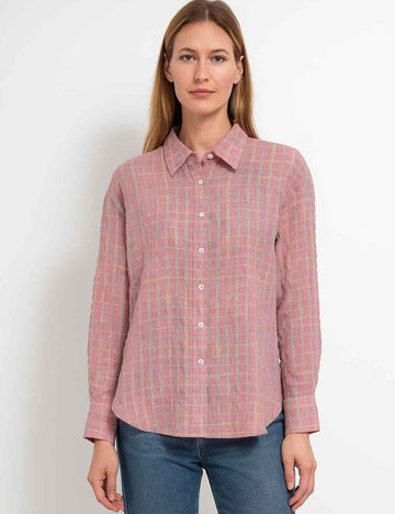 Ladies Wrinkled Checked  Turndown Collar Button Shirt