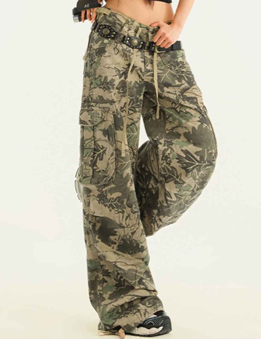 Ladies Camouflage Print Button Drawstring Cargo Denim Pants