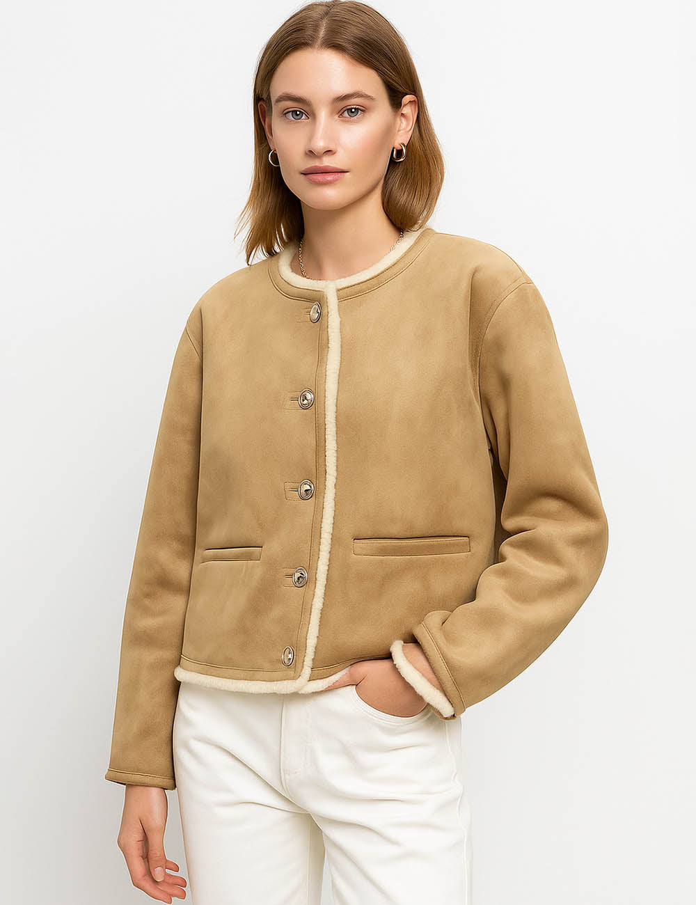 Ladies Faux Suede Fleece Lined Button Front Crop Jacket