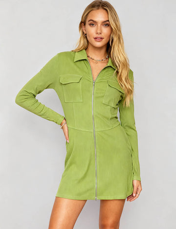 Ladies Lapel Collar Zipper Front Flap Pocket Mini Dress